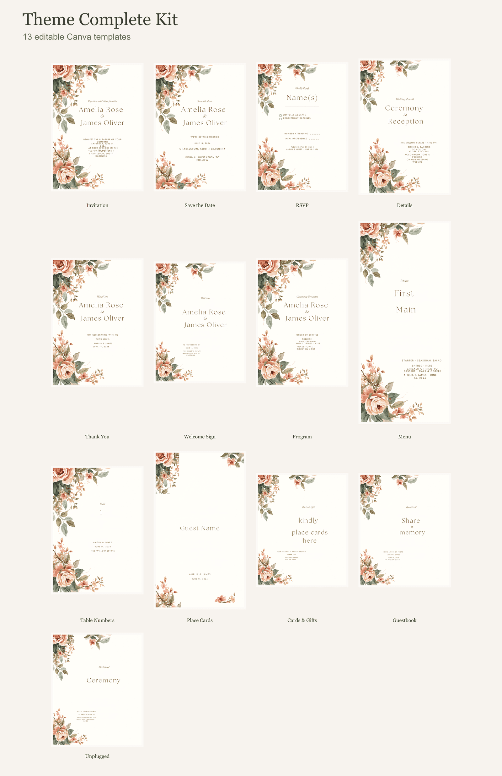 All 13 wedding templates included in Asymmetric Corner Botanicals Complete Kit